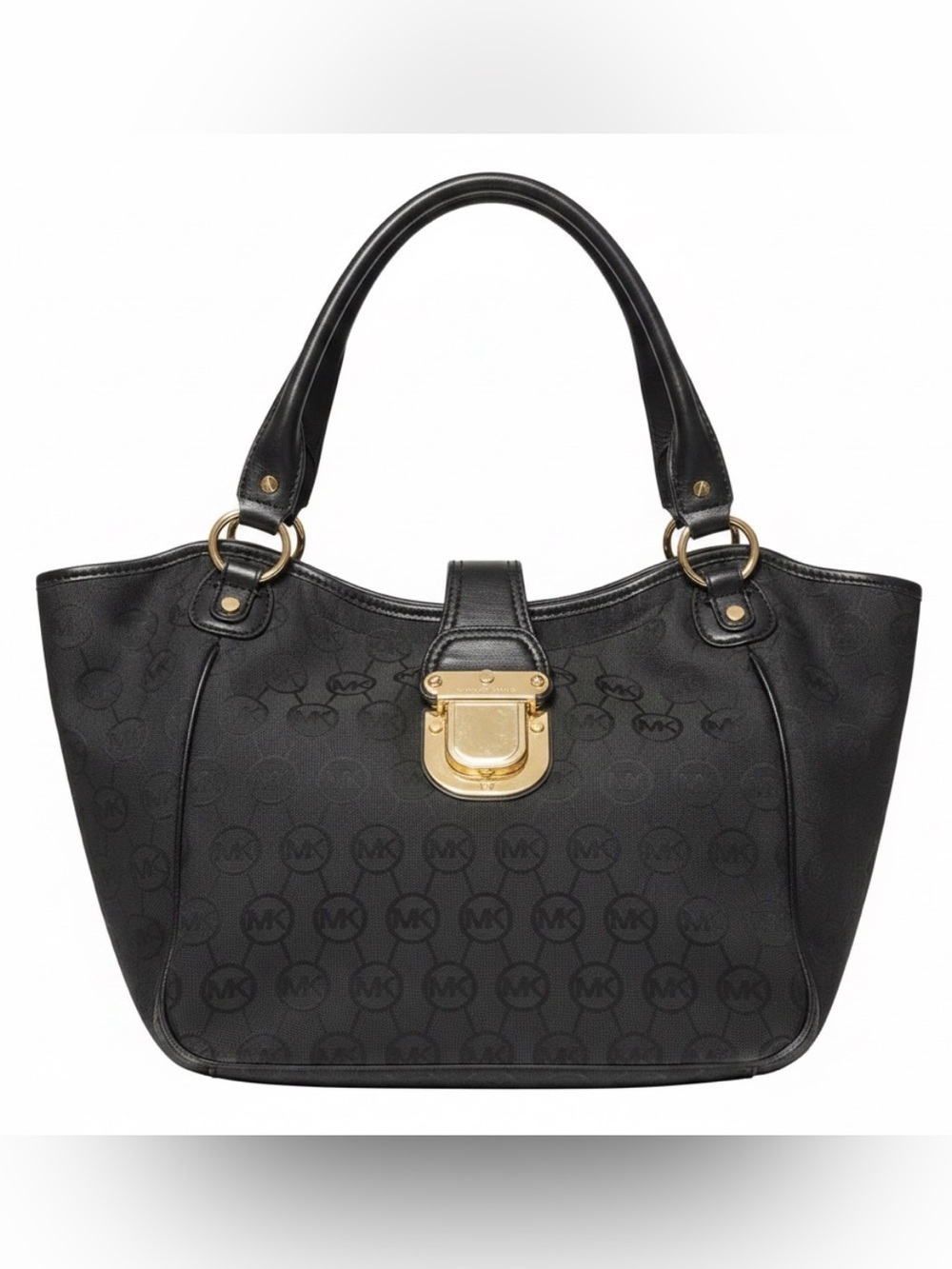 Michael Kors Black Logo Shoulder Tote with Gold Hardware